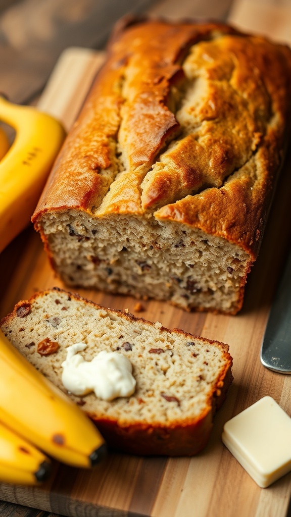 Simple Banana Bread Recipe A loaf of banana bread sliced on a cutting board with ripe bananas beside it.